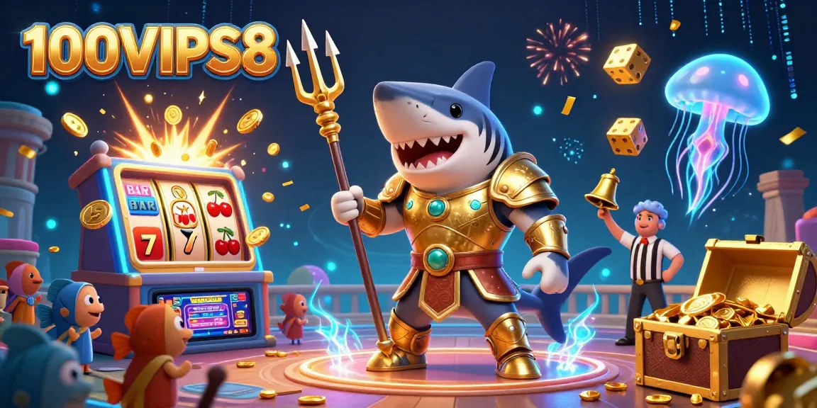 Experience thrilling gameplay with 100VIPS8 featuring a golden shark and dynamic casino elements.