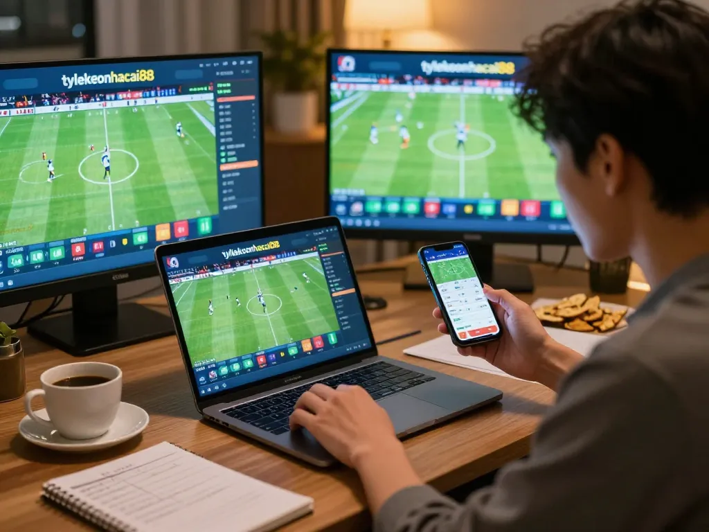 Sports betting enthusiast analyzing odds from tylekeonhacai88 while placing bets in a cozy living room.