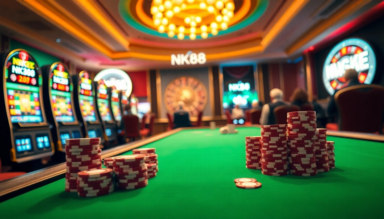 Experience high-stakes gambling at NK88 with vibrant poker tables and thrilling slot machines.
