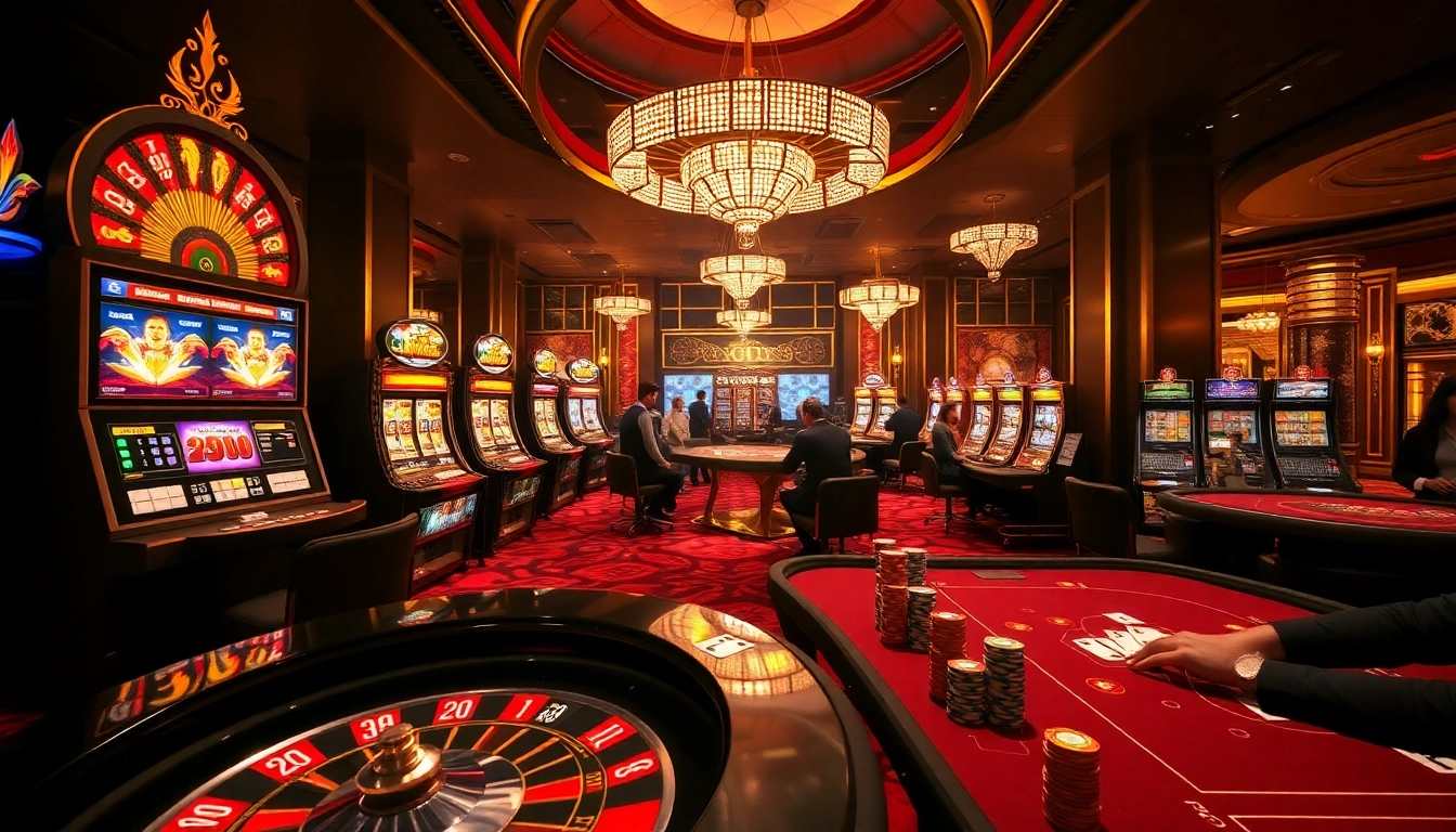 Exciting 3win casino scene with vibrant slot machines, roulette wheel, and poker excitement.