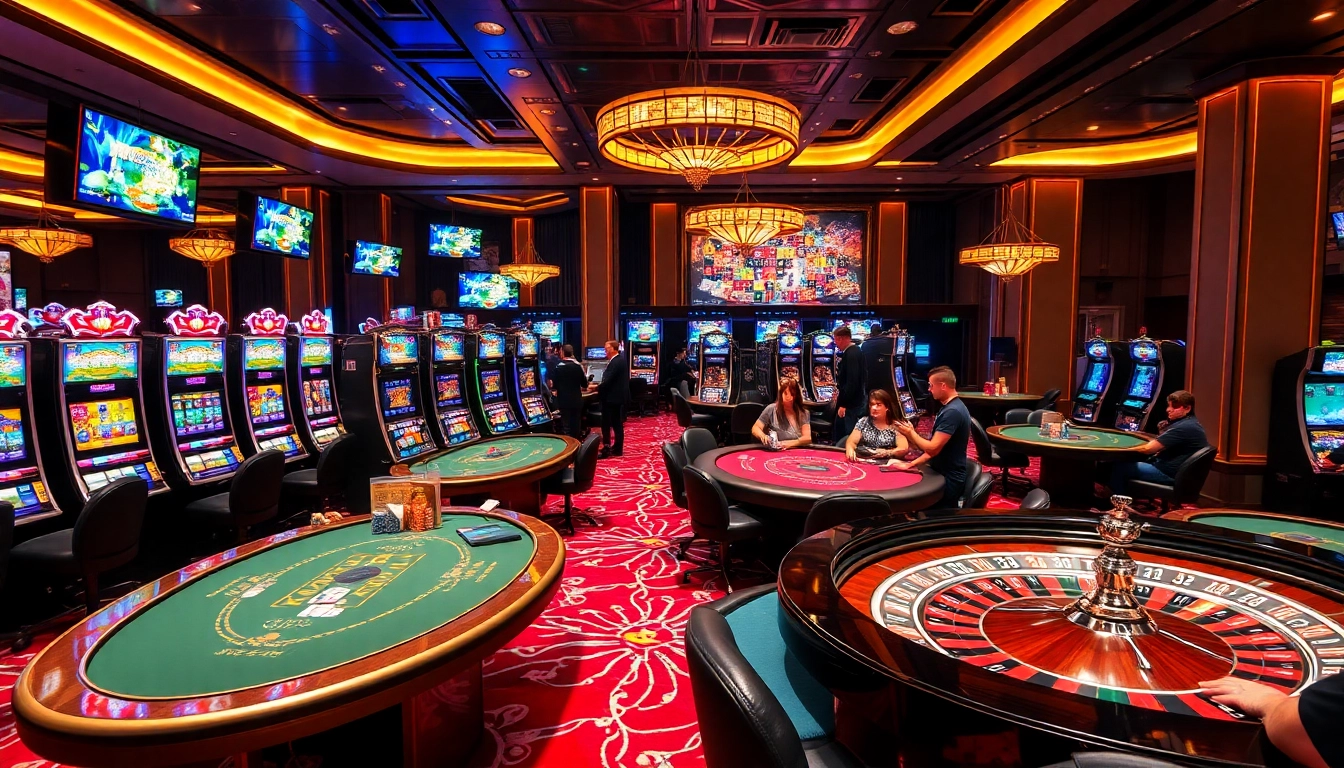Exciting casino action at https://go88casino.pro/ with players at slot machines and poker tables amidst vibrant decor.