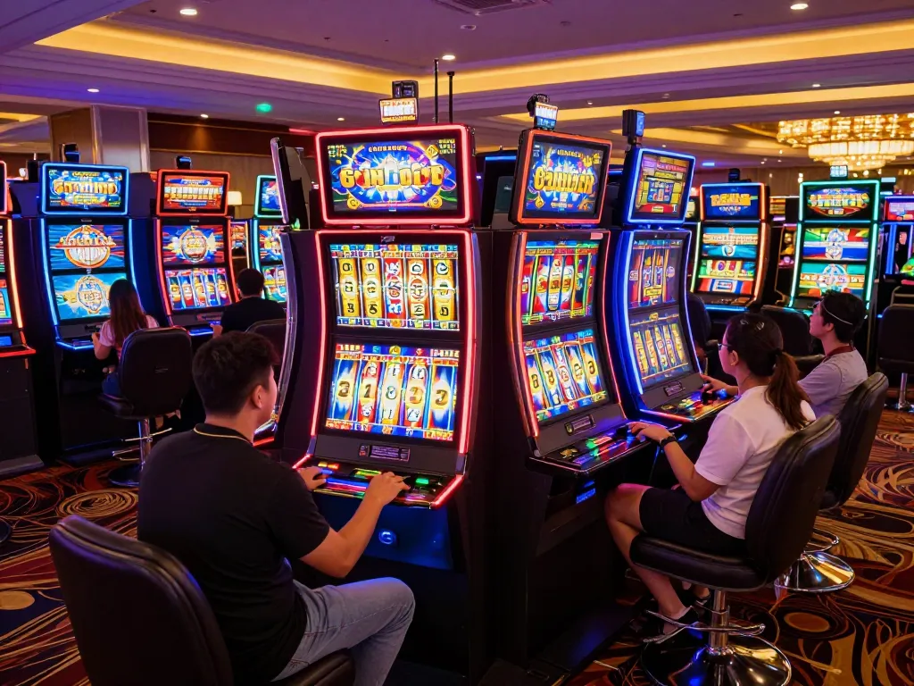 Players celebrating wins at colorful Slot Malaysia machines in a vibrant casino environment.