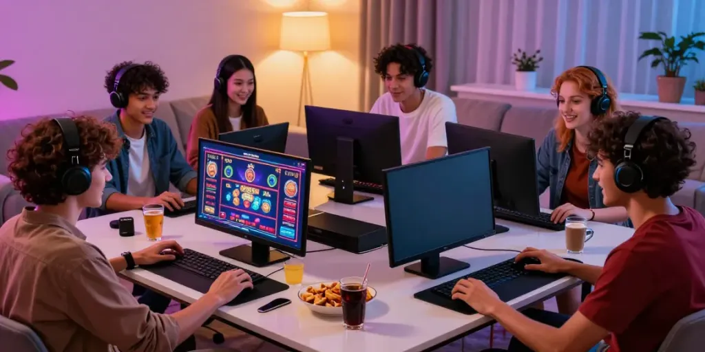 Gambling sites not on gamstop explored in a lively gaming setup with friends, showcasing excitement in casino games.