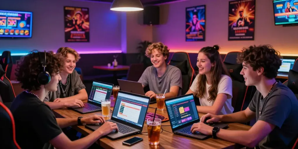 Friends discussing gambling sites not on GamStop in a vibrant gaming lounge.