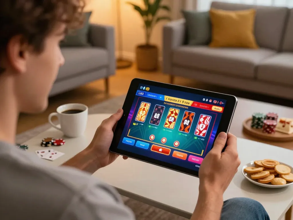 Enjoying fabet poker on a tablet in a cozy home environment with snacks and warm lighting.