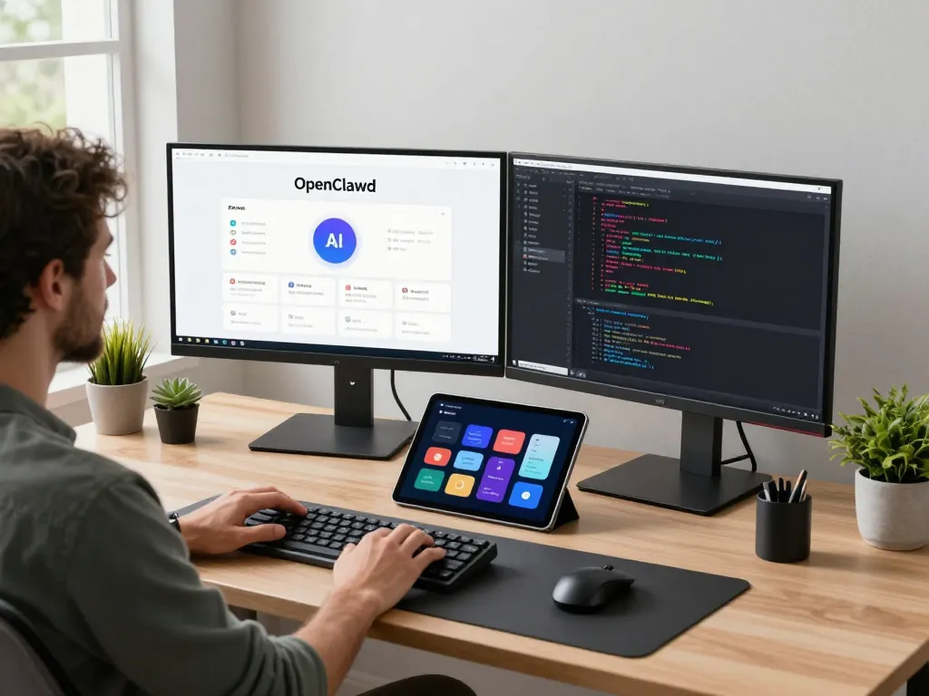 Developer utilizing clawbot AI assistant in a modern home office with dual monitors and tech gadgets.
