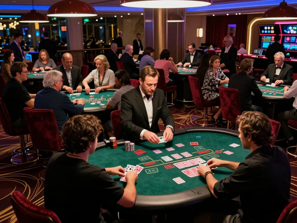 Engaging blackjack gameplay at MM88 casino floor with players and dealers in action.