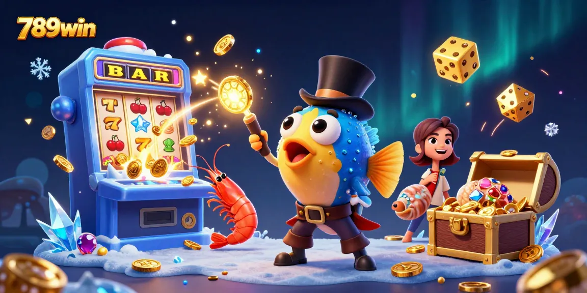 Engage with 789win's vibrant casino world featuring slot machines, golden coins, and whimsical sea characters.
