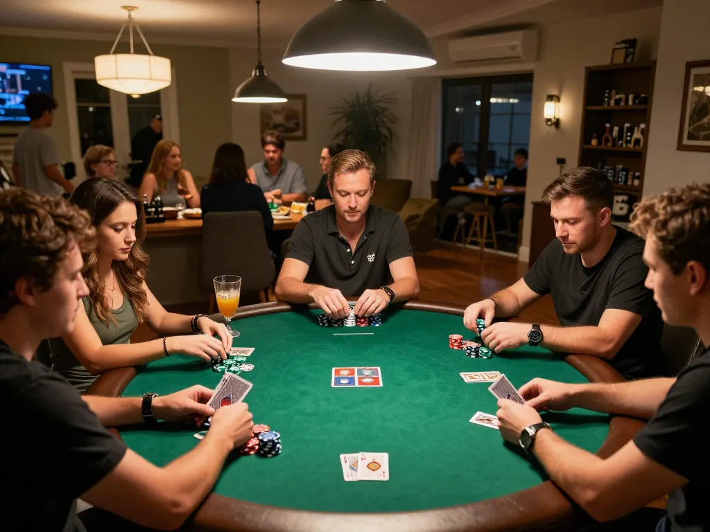 Players enjoying a spirited poker game at home, exploring strategies with km777.