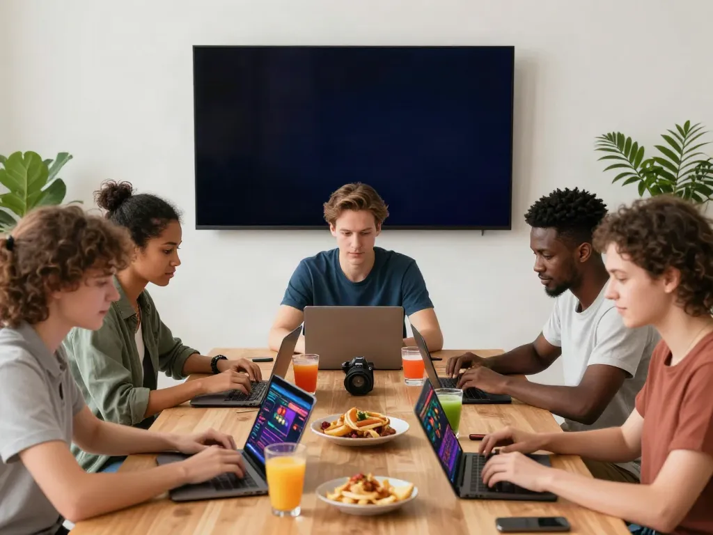 Engaging gathering around dining table enjoying gambling sites not on gamstop with laptops and lively atmosphere.