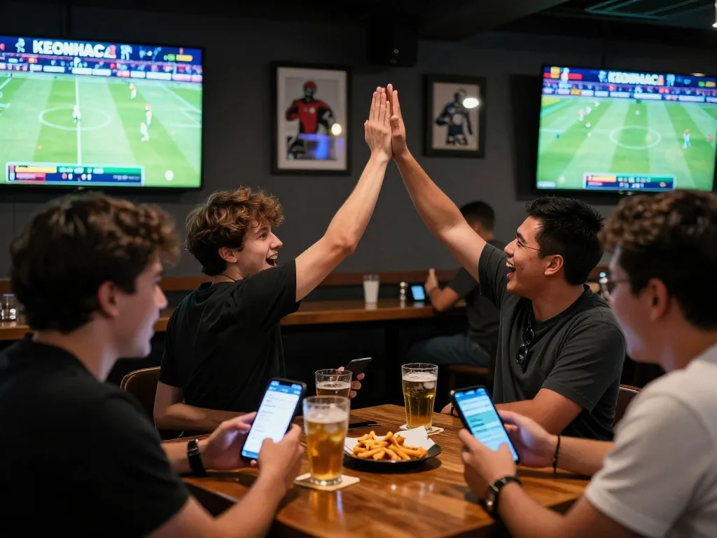 Engaged bettors using keonhacai app in a lively sports bar setting, celebrating wins and enjoying the atmosphere.