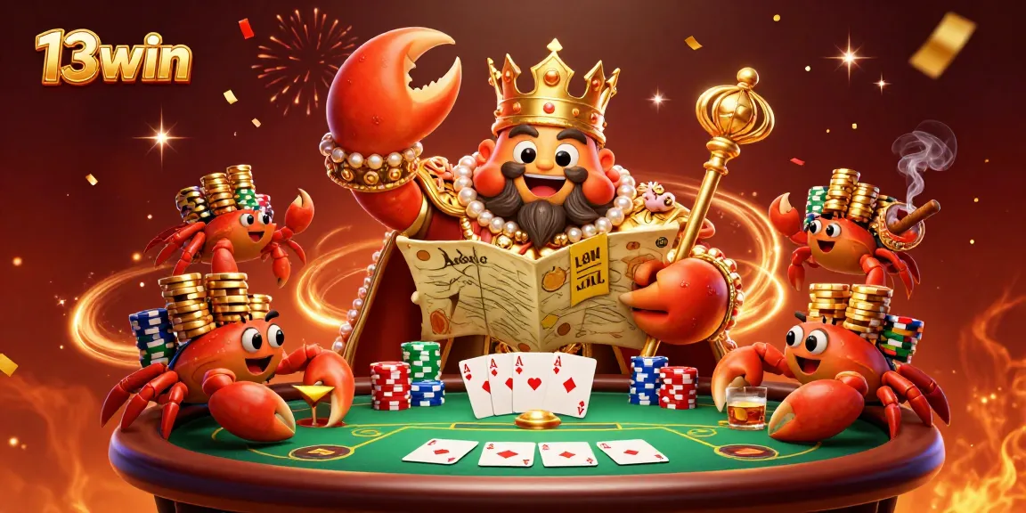 Engage with 13win's vibrant casino scene featuring a crab emperor and dynamic poker elements.