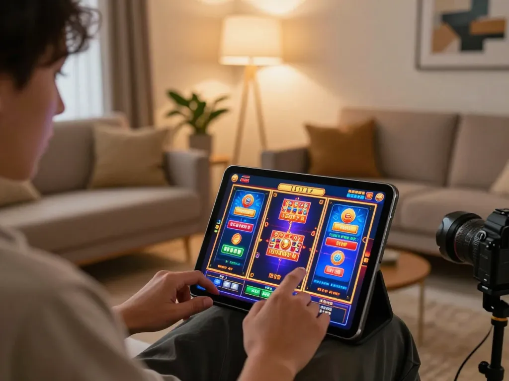 Engaging gameplay experience on vin88 slot games in a cozy living room setting.