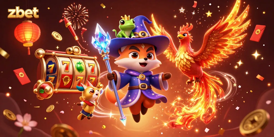 Zbet features an enchanting fantasy scene with a wizard fox and phoenix in a dynamic casino setting.
