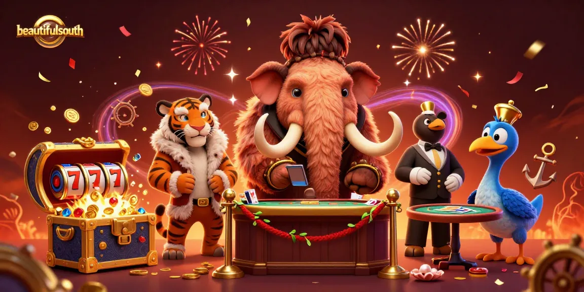 Engage with beautifulsouth at an exciting credit card casino featuring a woolly mammoth bouncer checking IDs.