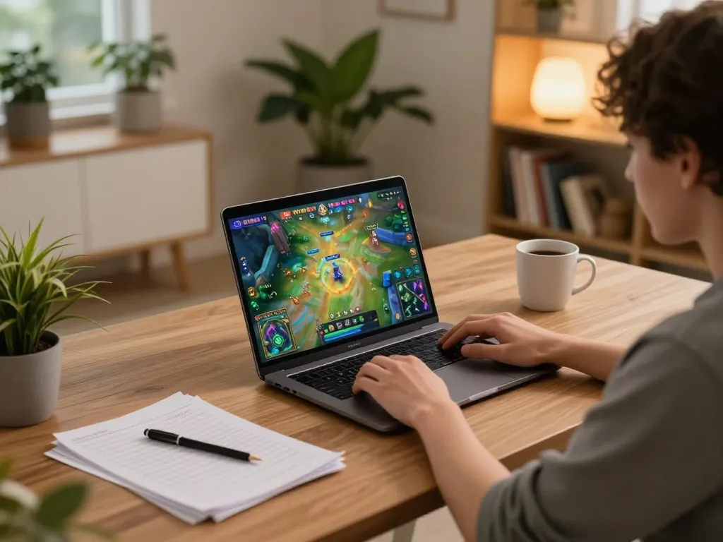 Player immersed in game bài đổi thưởng on a laptop at home office, showcasing gaming strategy