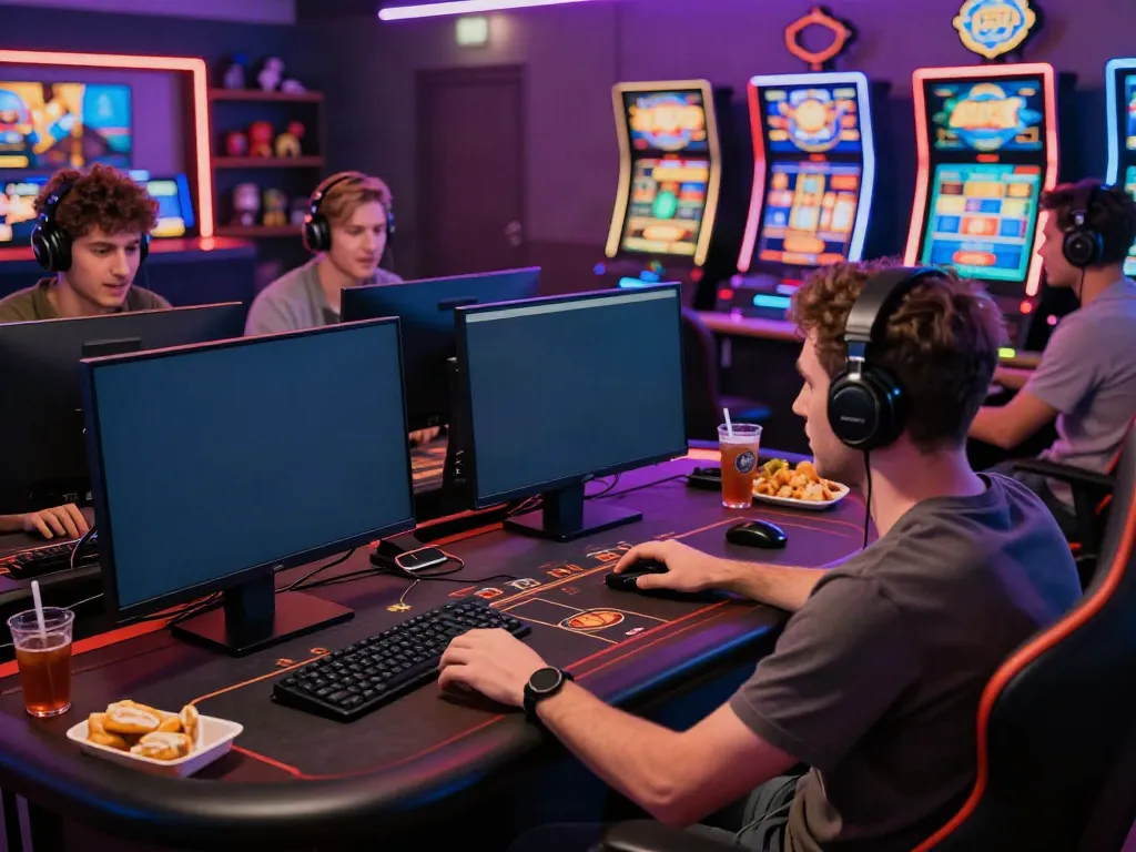 Players enjoying action on gambling sites not on gamstop with dual monitors and lively gaming setup