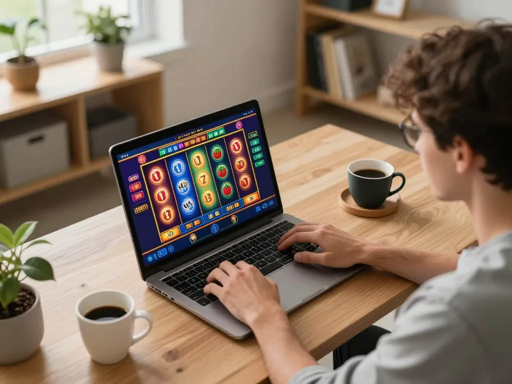 Player using go8 for online slot gaming in a stylish home office environment.