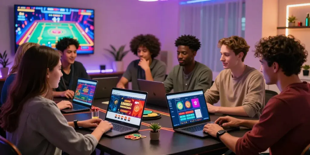 Engaging scene of friends exploring gambling sites not on GamStop at a stylish dining table.