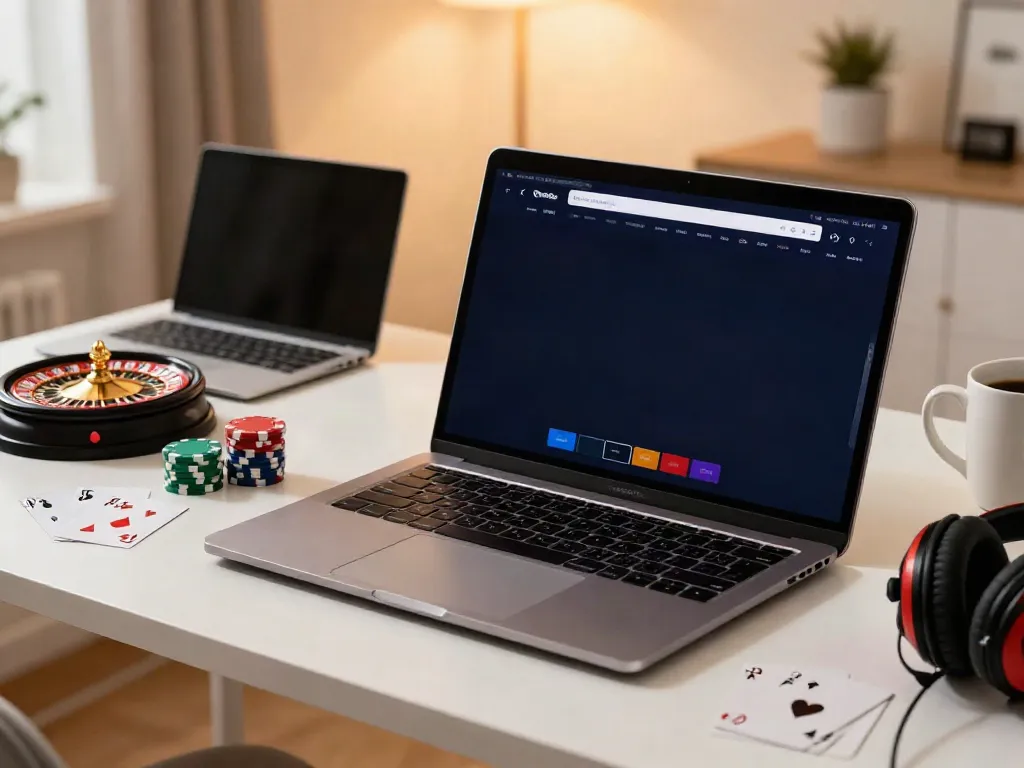 Engaging view of gambling sites not on GamStop displayed on a modern laptop in a cozy home office.