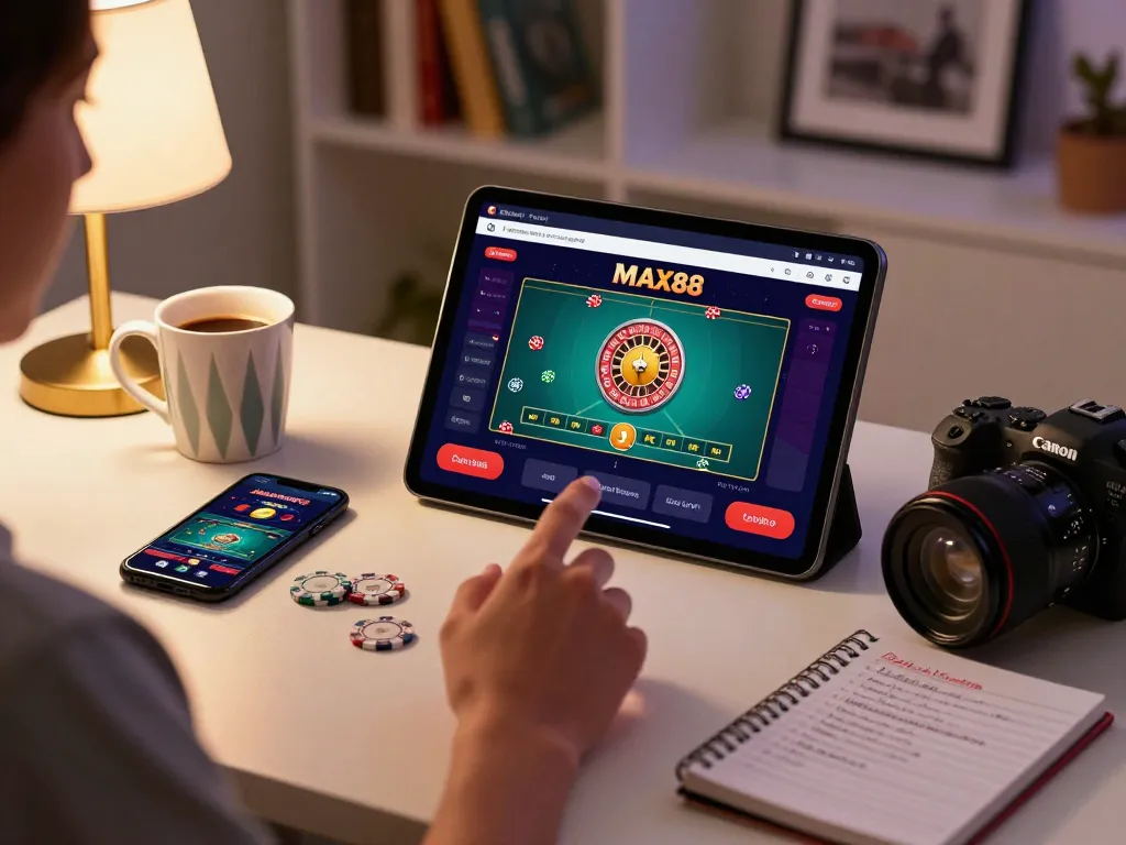 Experience dynamic online gameplay of MAX88 with live roulette on a mobile app in a stylish home office.