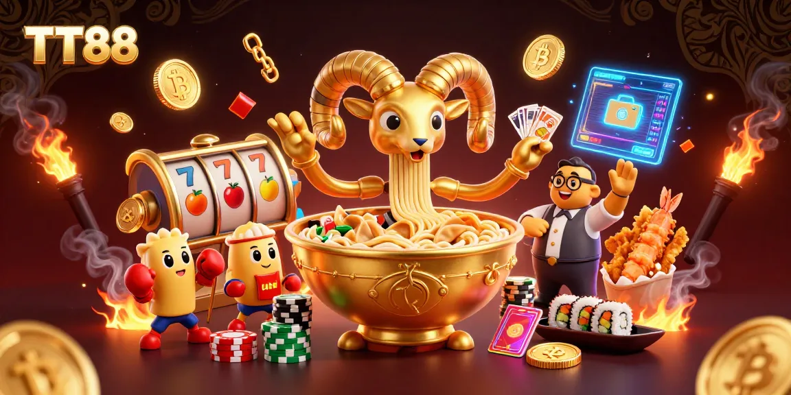 TT88 portrays a golden ramen bowl dealer stacking chips amidst vibrant casino elements.