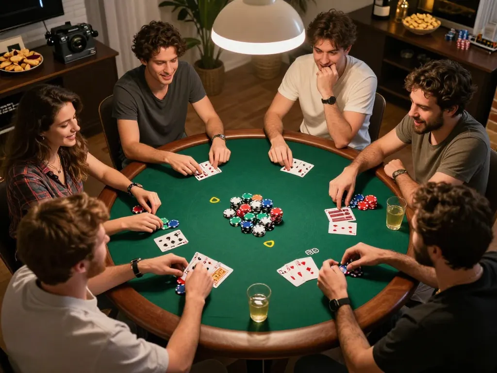 Players enjoying an exciting poker game at home with Hitclub, showcasing colorful chips and cards.