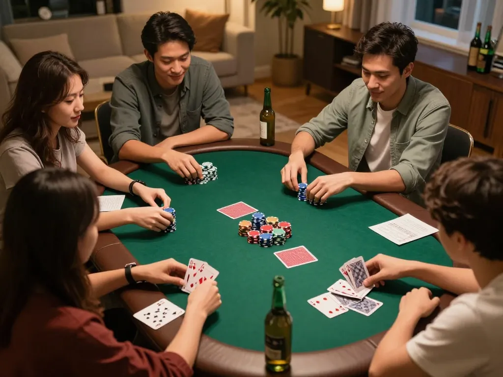 Friends engaging in a poker game, analyzing strategies with keobongda insights and enjoying the social atmosphere.