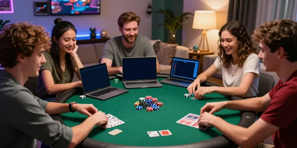 Friends enjoying gambling sites not on GamStop in a vibrant home setting.