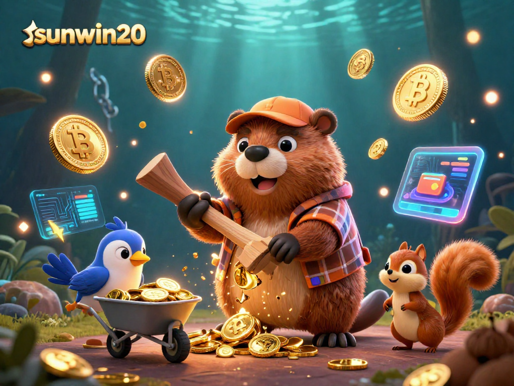 Engage with sunwin20 as a playful beaver chops a coin-dropping tree amidst vibrant casino elements.