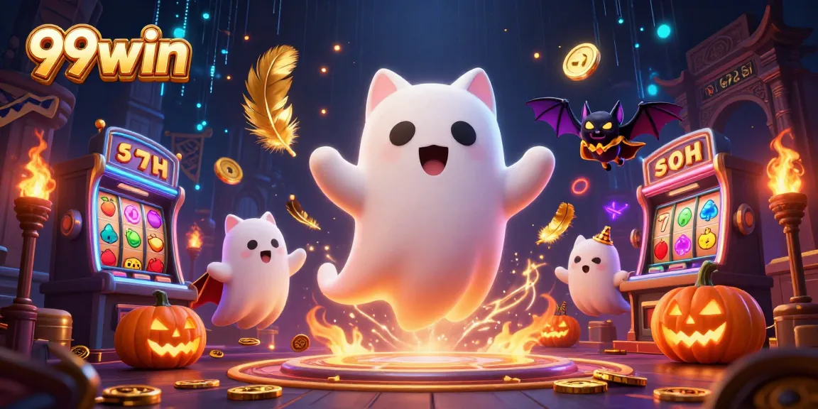 Experience the thrilling atmosphere of 99win in a haunted casino with a ghost cat and vampire bat.