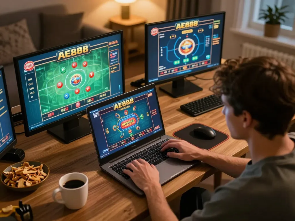 Engaging online gaming at AE888 with player focused on laptop and multiple games displayed around.
