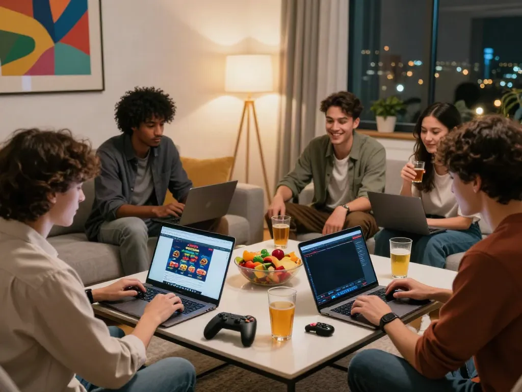 Group of friends enjoying gambling sites not on GamStop during game night at home.