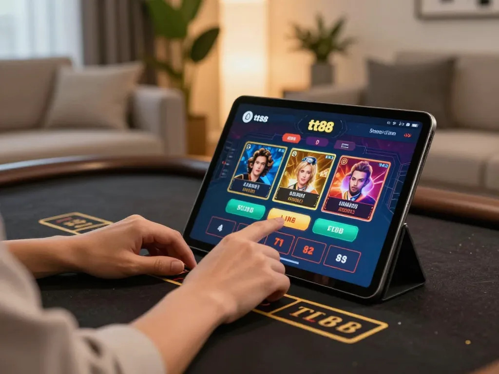 Person using the tt88 app for online betting, engaging in live dealer games in a cozy environment.