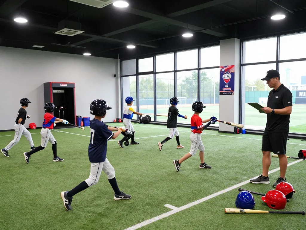 Training at hitclub baseball facility with young athletes practicing swings and coaches guiding.