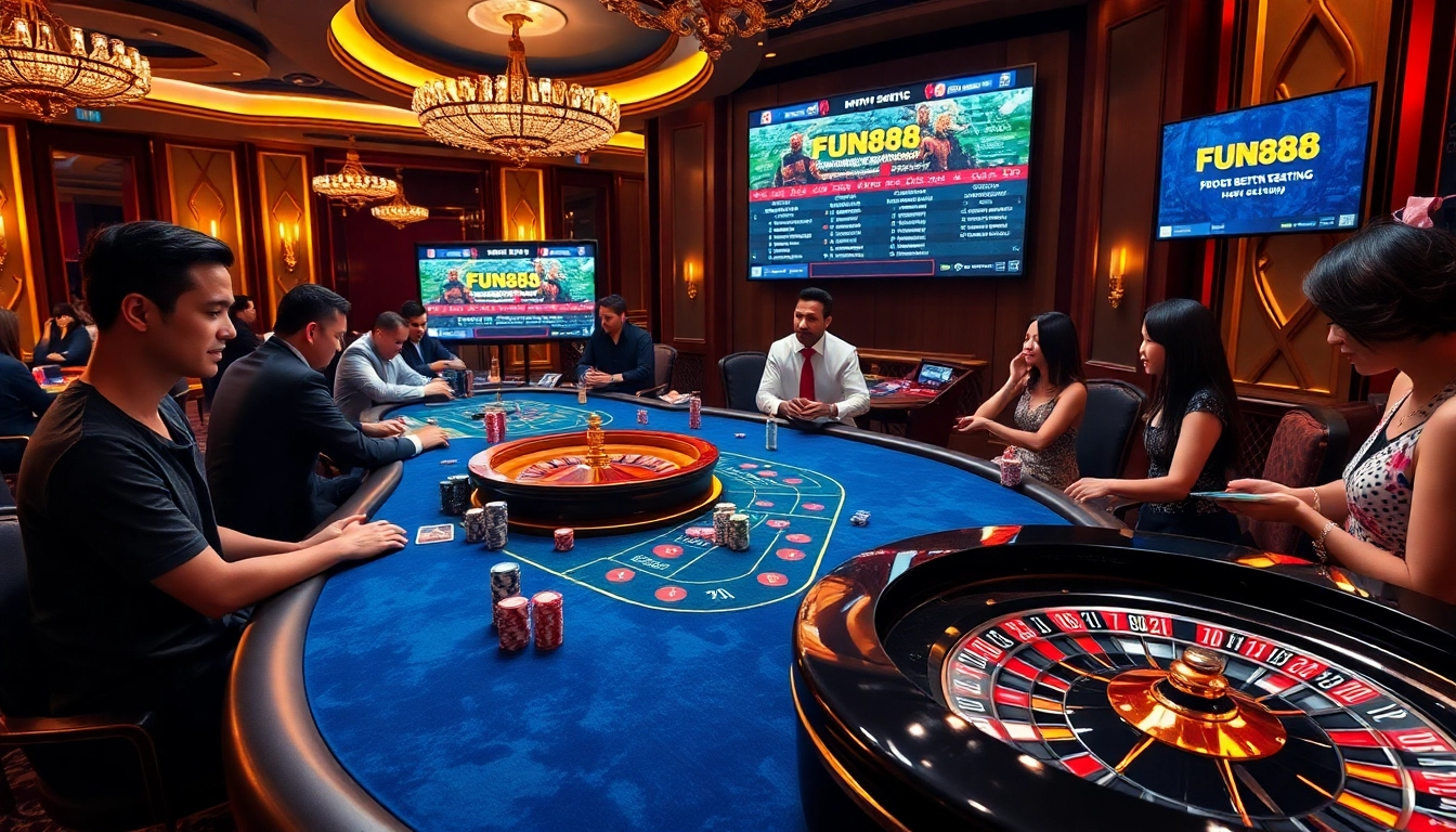 Fun88 table bustling with excitement as players engage in card games and roulette.
