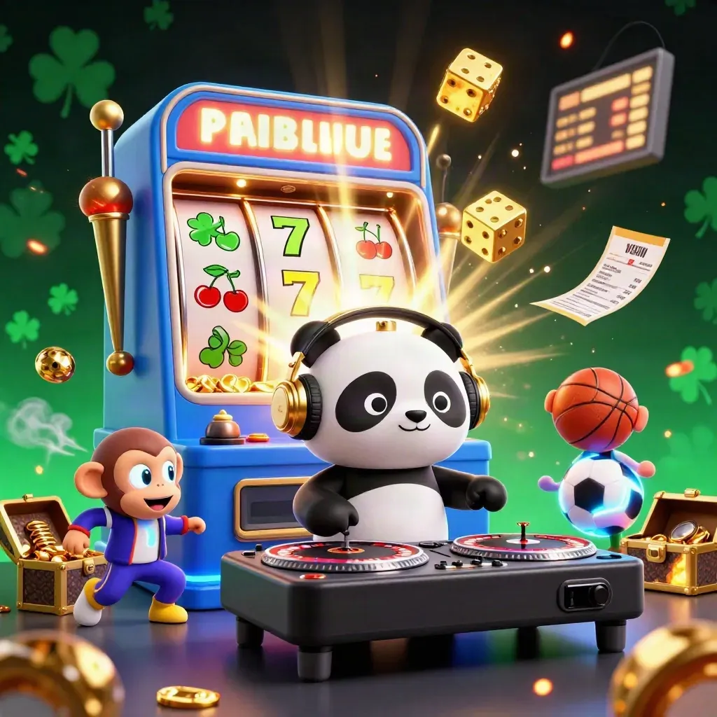 Cartoon panda DJ, monkey and glow kitten amid casino bursts, balls and gold on emerald-black.