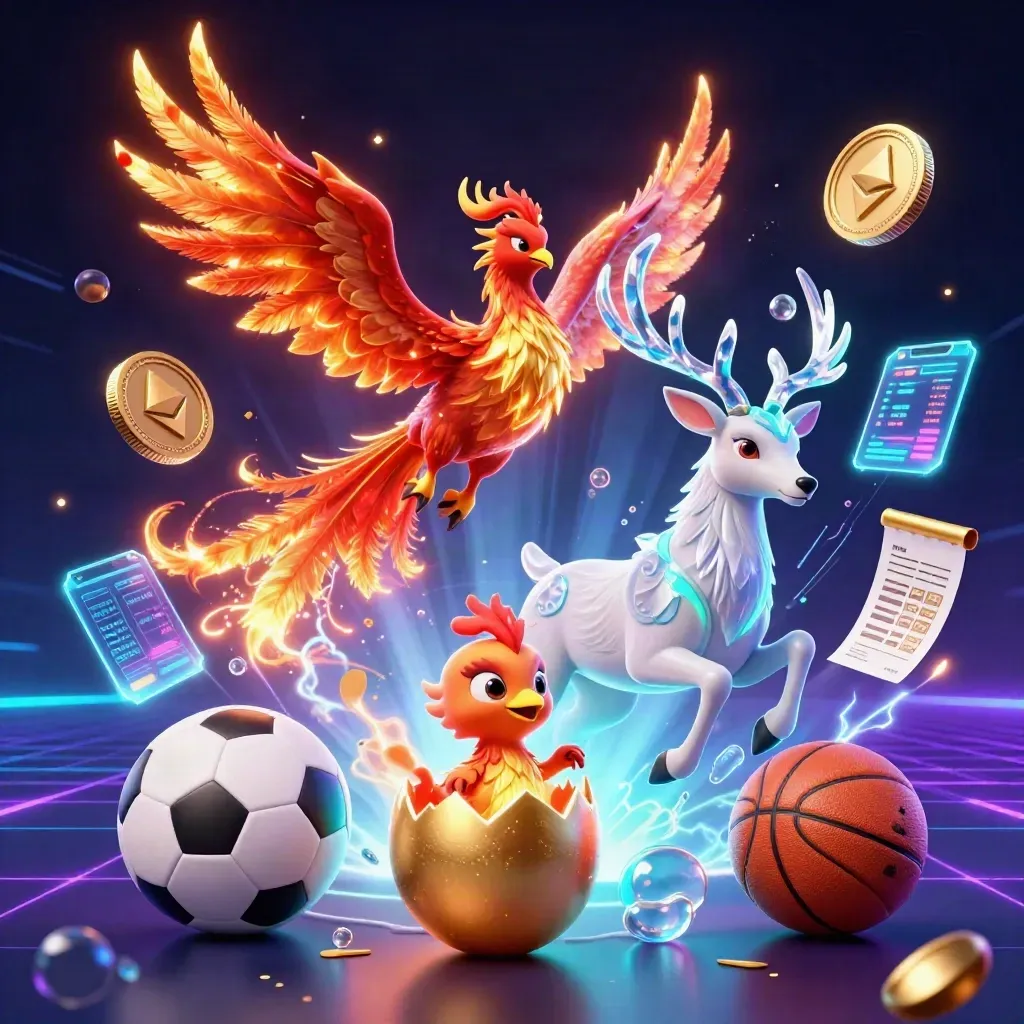 Phoenix, stag, and baby phoenix burst amid neon coins, football gear, and blue casino light.
