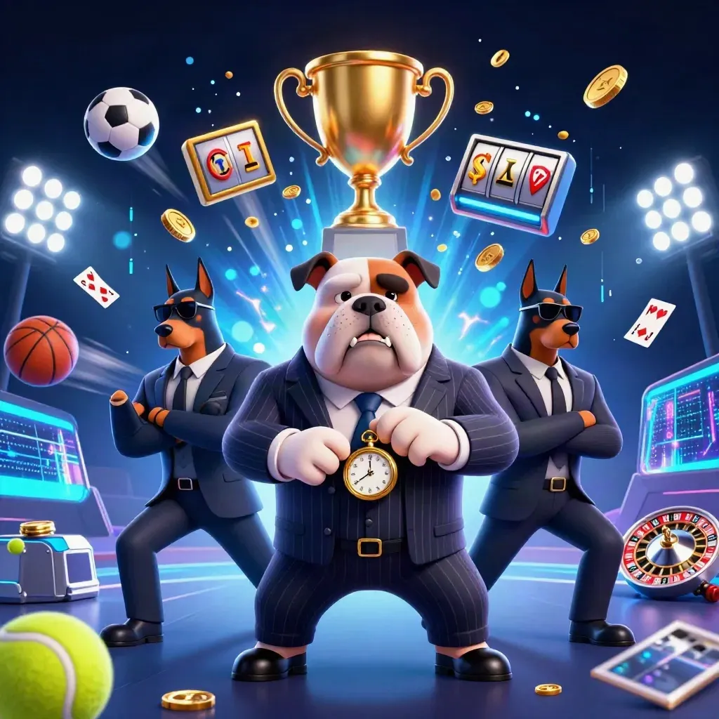 Bulldog boss with two Doberman guards amid balls, coins, trophy, neon blue casino energy