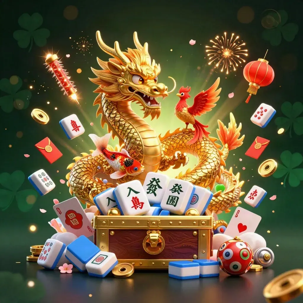 Golden dragon, phoenix and koi burst amid casino treasures over a dark emerald neon backdrop.