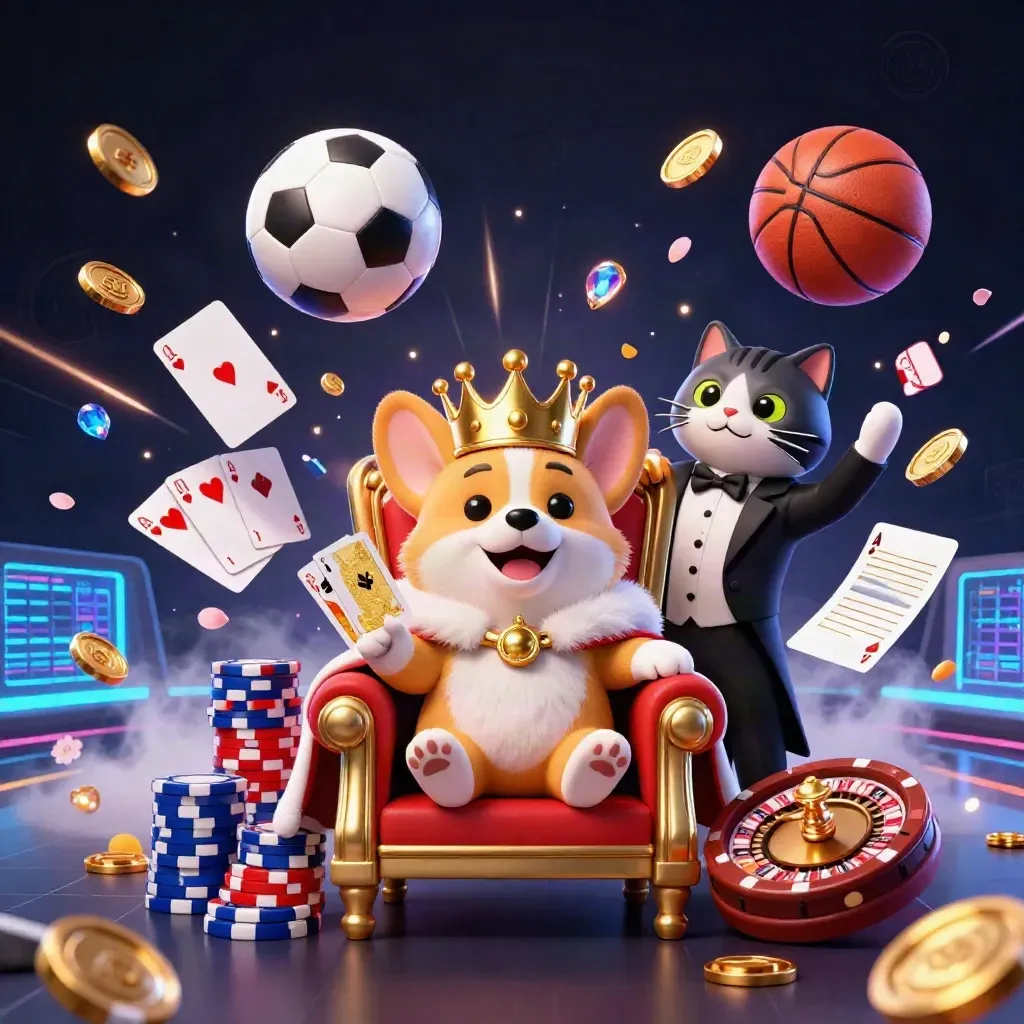 Crowned corgi and cat butler amid flying chips, coins, balls, and neon casino glow.