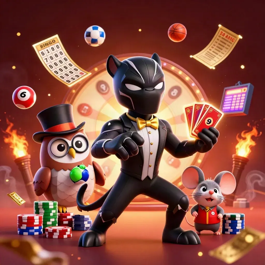 Panther, owl, and mouse amid casino chips, lottery balls, and glowing ember-lit action