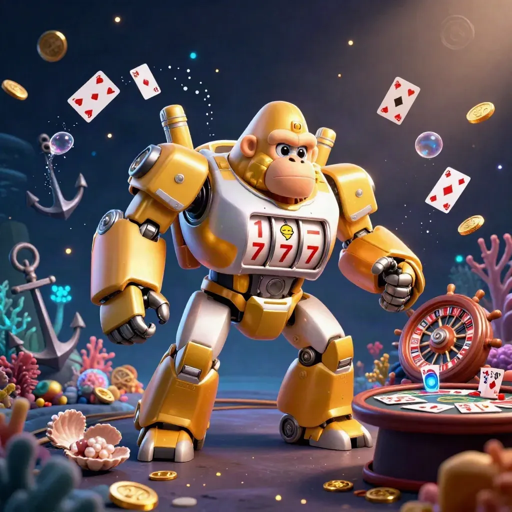 Golden gorilla mech with tiny pilot amid treasure cove, casino props, and blue-gold glow.