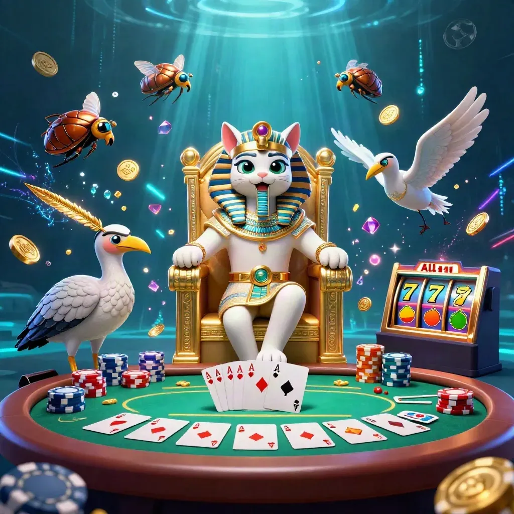 Pharaoh cat, ibis scribe and gem-winged scarabs amid casino cards, chips and electric blue light.
