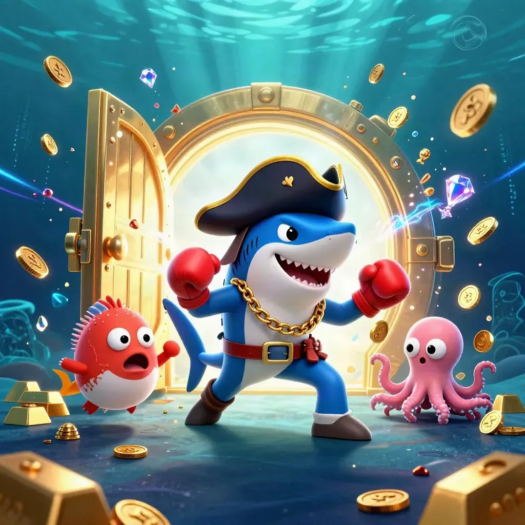 Pirate shark, boxing pufferfish, and coin-juggling octopus amid treasure burst in glowing underwater gold.