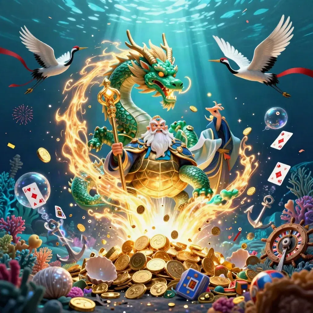 Emerald dragon, turtle sage, and cranes amid treasure, coins, coral, and fireworks underwater.