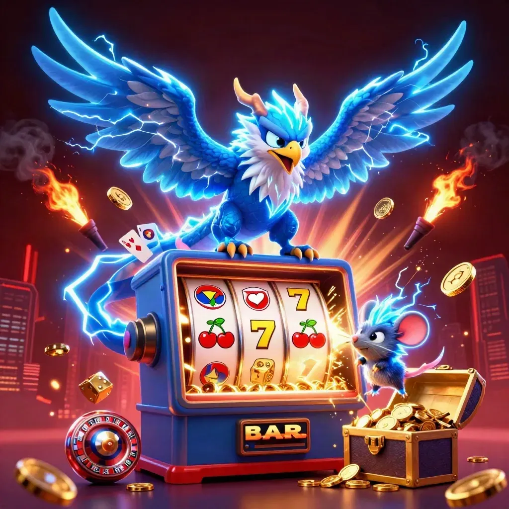 Thunder dragon, hawk and mouse amid casino jackpots, coins and fireworks in a dark neon burst.