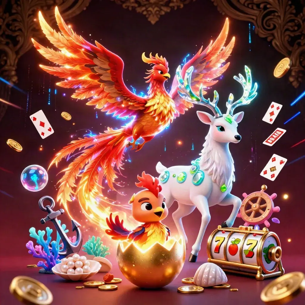 Phoenix, hatchling, and stag amid casino loot on a dark luxury damask background