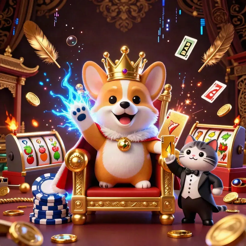 Royal corgi and cat butler on a poker-chip throne amid casino magic and neon arcs