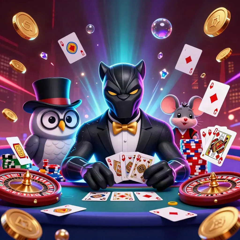 Panther, owl, and mouse amid chips, coins, roulette wheel, and glowing casino effects.